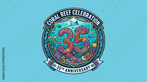 Coral Reef Celebration - 35th Anniversary Emblem on Blue Background.