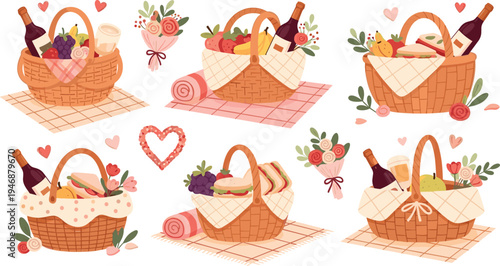 Romantic picnic basket collection with wine flowers fruits and snacks, cute love themed outdoor date set for Valentine vector illustration