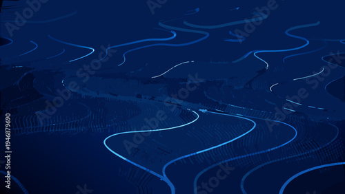 Abstract blue landscape with flowing lines and a distant horizon