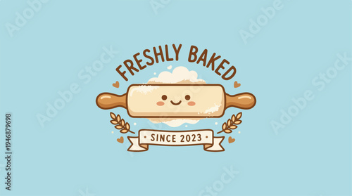 Cute bakery logo with rolling pin and fresh baked goods.