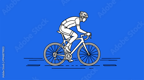 Cyclist in motion on a road bike, focused and determined, blue background.