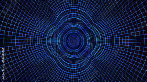 Abstract blue grid tunnel with a circular distortion effect