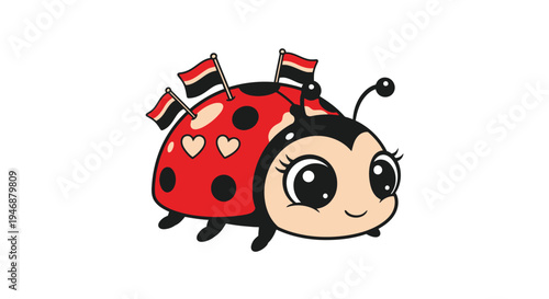 Adorable Ladybug Cartoon Character with Flags and Heart Accents.