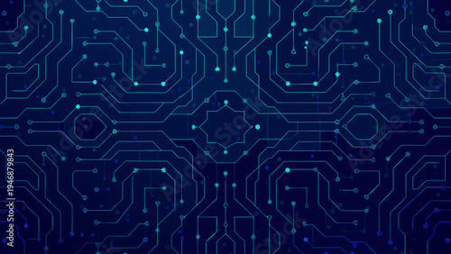 Abstract blue circuit board pattern with hexagonal and linear connections
