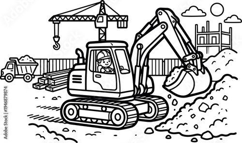 Black and white line art construction site with smiling worker operating excavator loading dirt front view with crane wood and dump truck in sunny day