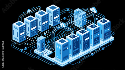 Digital data center infrastructure with connected servers and network.