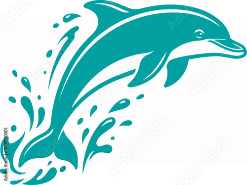 Dolphin leaping out of water with splash and droplets.