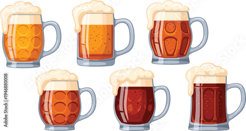 Beer mug collection with frothy foam and different lager ale and dark beer styles, Oktoberfest drink set for bar pub vector illustration