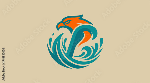 Eagle head and water waves logo design in orange and teal colors.