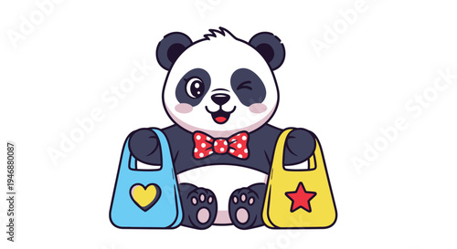 Adorable Panda with Shopping Bags and a Bow Tie Cartoon.
