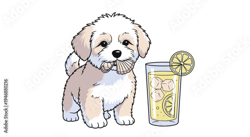 Adorable Puppy with Seashell and Refreshing Lemonade Illustration.