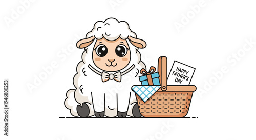 Adorable Sheep with Fathers Day Gift Basket Illustration.