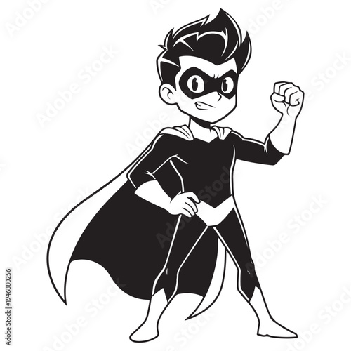 Determined Young Superhero Standing Proudly with Fist Raised