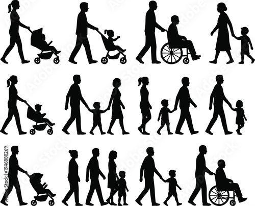 WebFamily silhouettes set featuring parents with strollers, children walking, elderly in wheelchairs, and diverse people groups for community inclusion concepts.