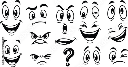 Cartoon facial expressions collection with funny eyes mouths and emotions, comic emoji style faces set for animation design stickers and vector illustration