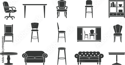 WebFurniture Silhouette Icons Set Featuring Office Chair, Dining Table, Sofa, Bar Stool, Cabinet, And Armchair For Interior Design And Home Decor