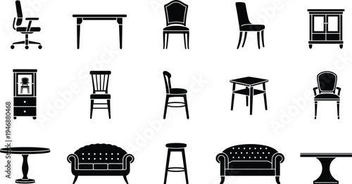 WebFurniture Silhouette Icons Set Featuring Office Chair, Dining Table, Sofa, Bar Stool, Cabinet, Side Table, And Armchair For Interior Design Projects