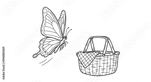 Butterfly and Picnic Basket - A Whimsical Outing in Black and White.