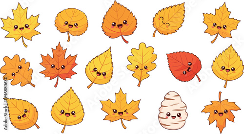 Cute kawaii autumn leaves cartoon collection with smiling maple oak and birch foliage, adorable fall season characters for kids stickers vector illustration