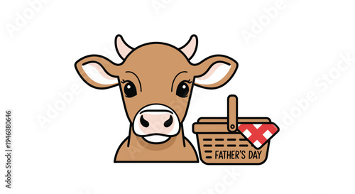 Cartoon Cow with Fathers Day Picnic Basket Illustration.