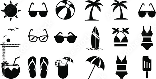 Summer beach vacation icon set with sun sunglasses palm trees surfboard bikini flip flops umbrella cocktail popsicle tropical