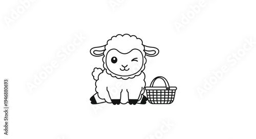 Adorable Winking Lamb with Basket - A Charming Black and White Illustration.