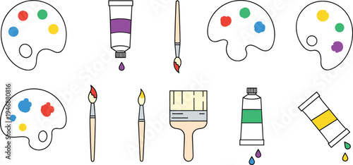 Artist painting tools collection with palettes brushes paint tubes and brush strokes, creative art supplies set for design studio and education vector illustration