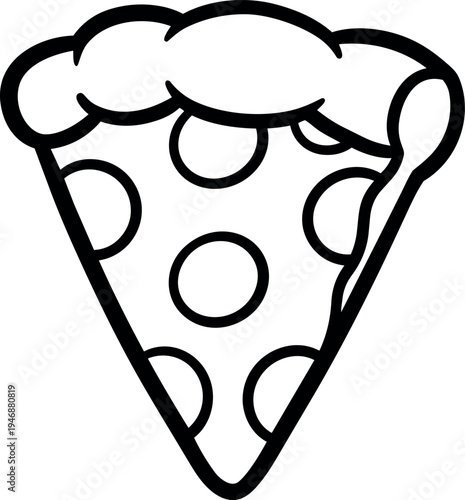 Simple black outline vector pizza slice icon with crust and pepperoni circular toppings isolated on white background