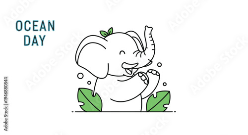 Cartoon Elephant Celebrating Ocean Day with Joyful Expression.