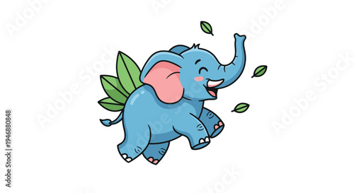 Cartoon Elephant Joyfully Playing with Leaves in a Playful Manner.