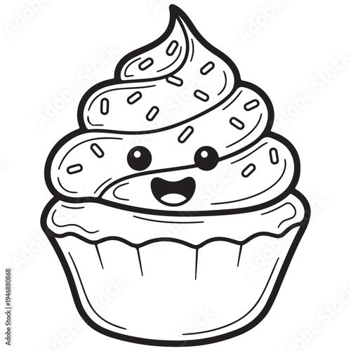 Adorable Black and White Cupcake Illustration with Sprinkles and Happy Face