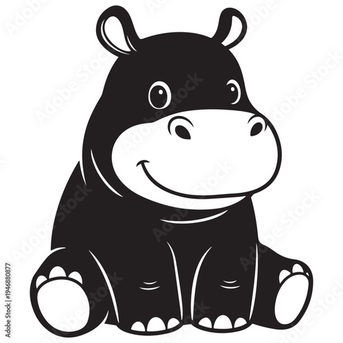 Cute Cartoon Baby Hippo Sitting and Smiling in Black and White Illustration