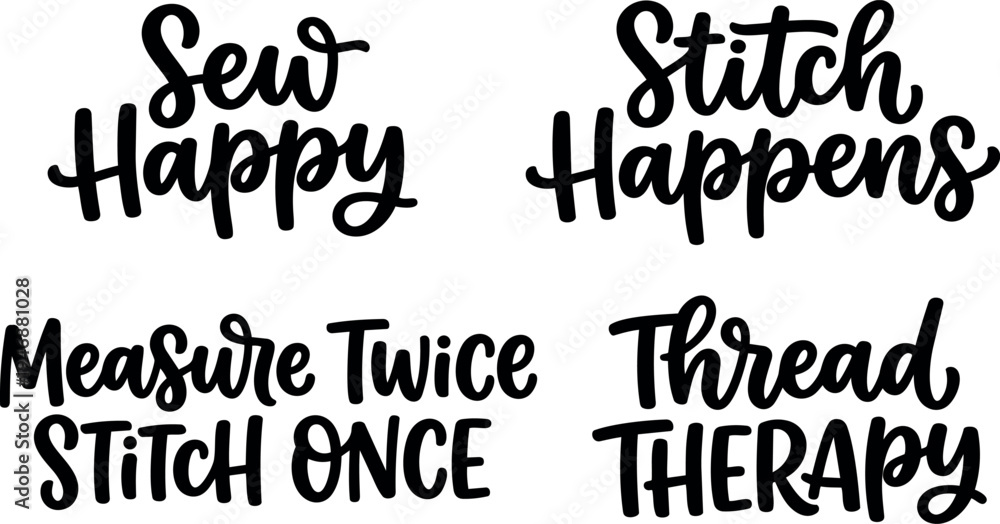 Fototapeta premium Hand lettering vector art set featuring sewing themed quotes with casual brush script style cheerful lettering design