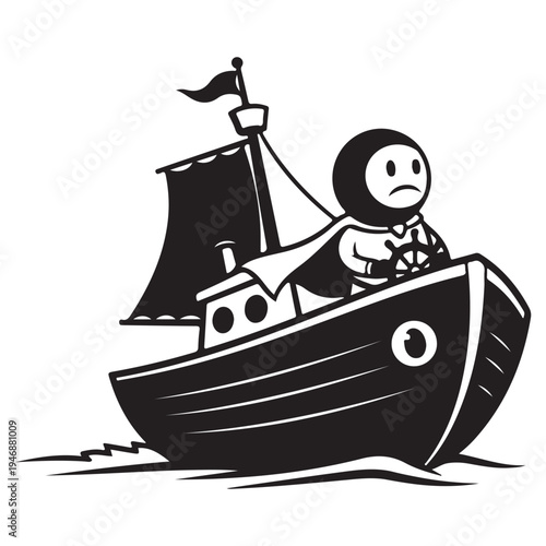 Cartoon Captain Steering Ship with Sad Expression