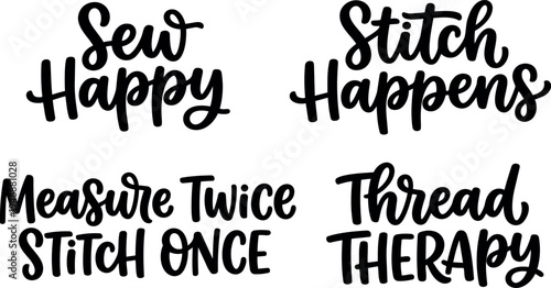 Hand lettering vector art set featuring sewing themed quotes with casual brush script style cheerful lettering design