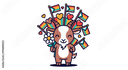 Cartoon Goat Celebrating Pride with Flags and Flowers.