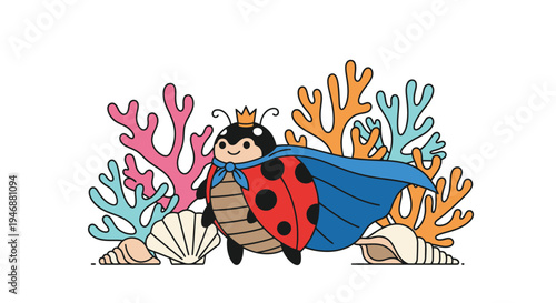 Cartoon Ladybug King with Cape and Crown Illustration.