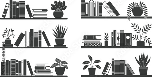 Black and white of books and plants on six shelves bookshelves
