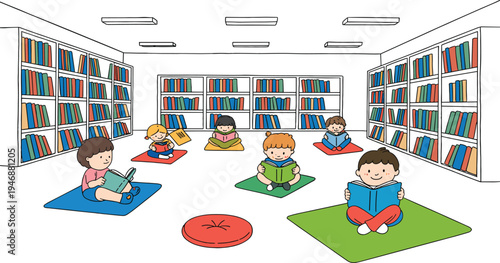 Children sitting on colored mats reading books in a library with white walls and colorful bookshelves