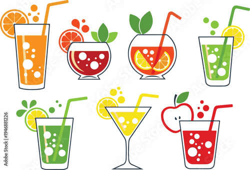 Vectoe art of collection of refreshing drinks with fruits and straws