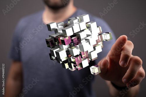 Man touching a futuristic 3...
