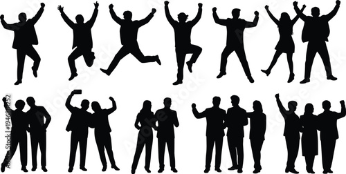 WebSuccessful People Silhouette Set Featuring Jumping Individuals, Cheering Business Teams, Happy Couples, And Group Celebrations For Business Growth And Achievement