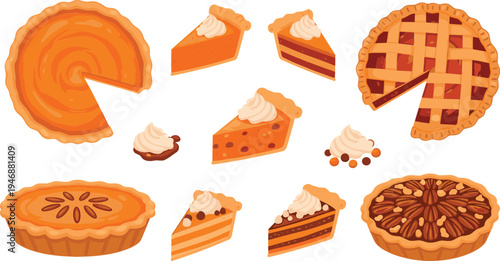 Delicious pie and cake dessert collection with pumpkin pecan and lattice pies, sweet bakery slices with whipped cream cartoon vector illustration set