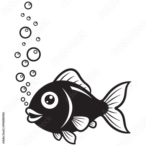 Black and White Happy Cartoon Fish with Bubbles Illustration