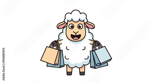 Cartoon Sheep with Shopping Bags - A Fun Retail Illustration.