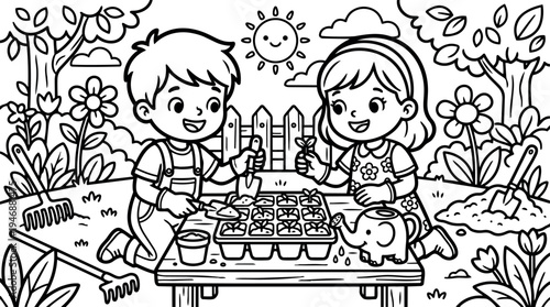 Cute smiling boy and girl planting seeds together at garden table with watering can and gardening tools sunny day outdoors