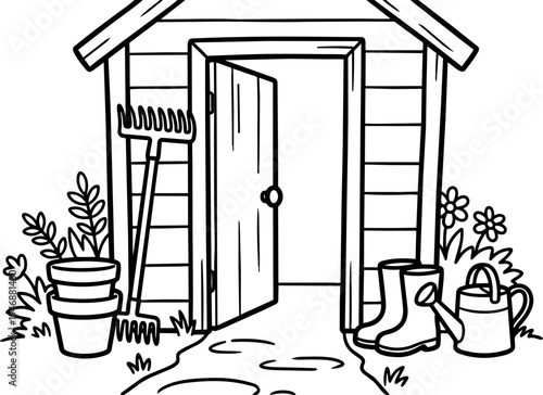 Black and white line art garden shed with open door gardening tools boots watering can and flower pots illustration drawing
