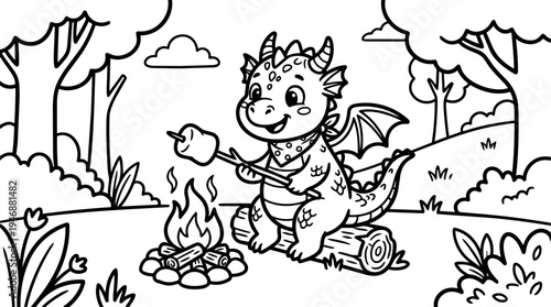 Cute baby dragon roasting marshmallow on stick sitting on log by campfire in forest clearing daytime line art vector