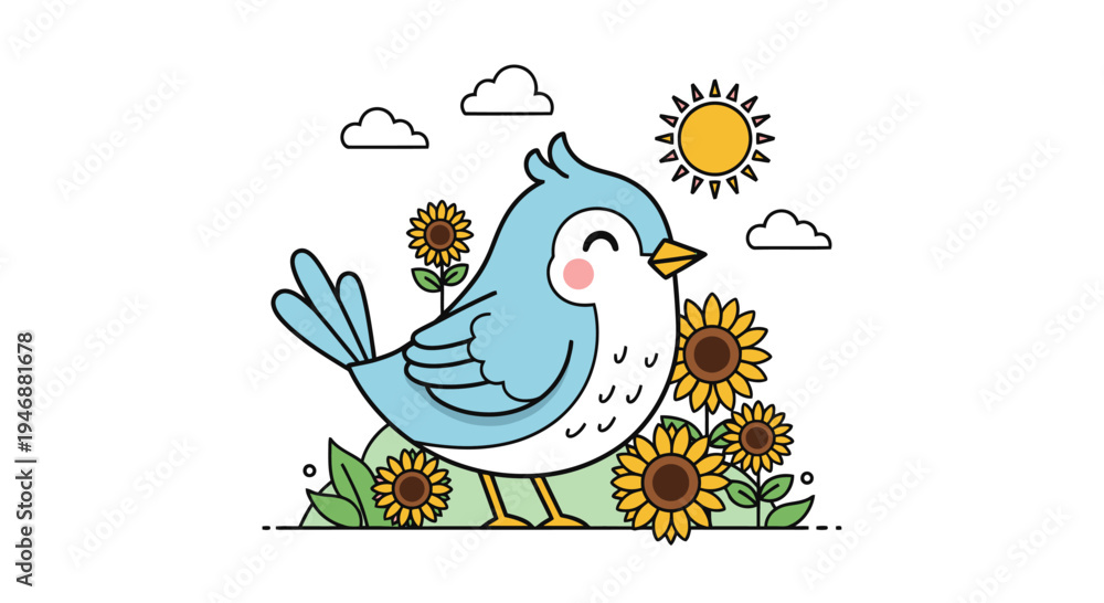 Obraz premium Charming Blue Bird Amidst Sunflowers - A Cheerful Cartoon Illustration.