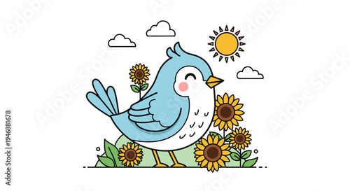 Charming Blue Bird Amidst Sunflowers - A Cheerful Cartoon Illustration.